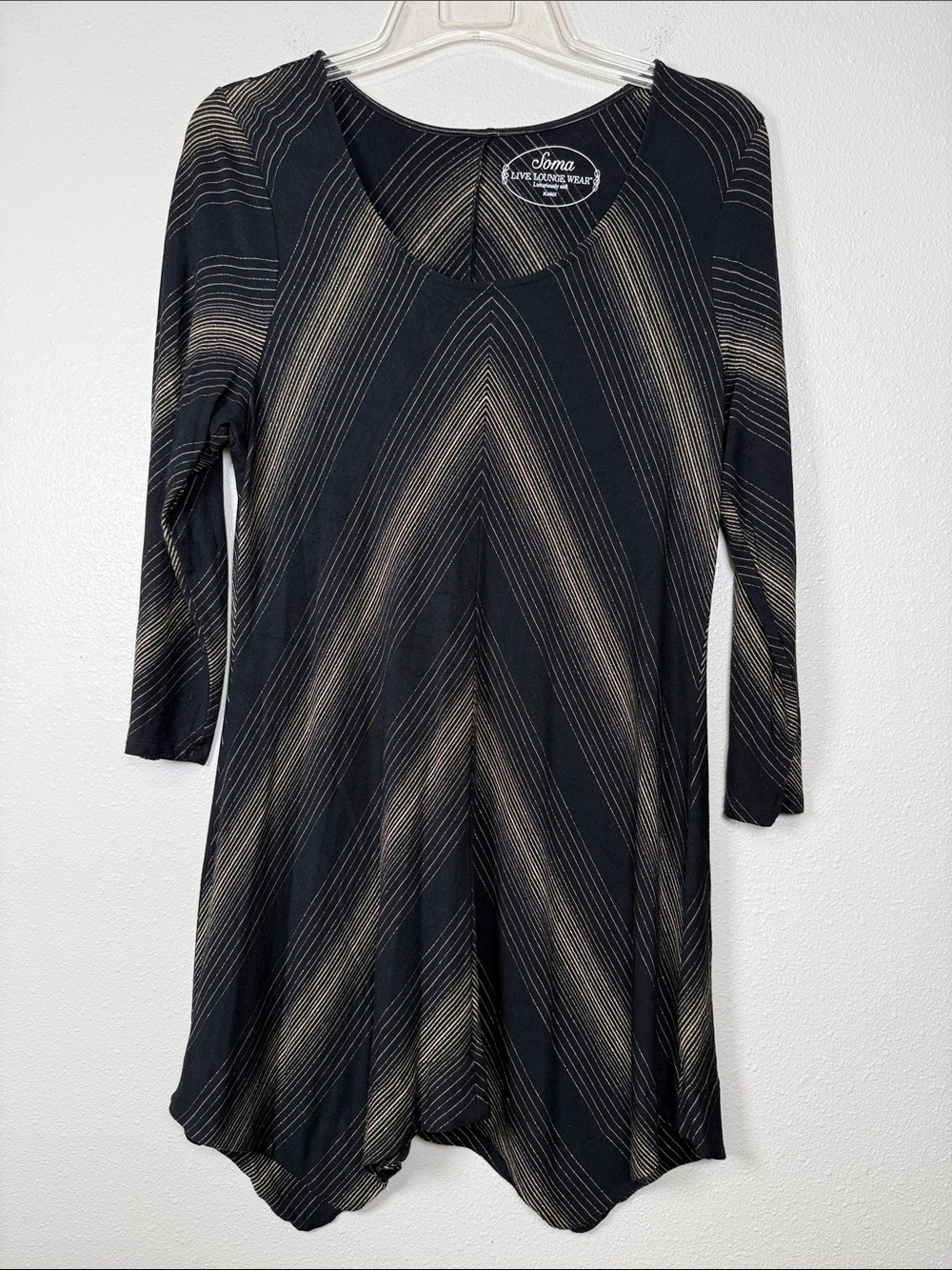 Soma Live Lounge Wear Black Gold Metallic Chevron Dress XL Handkerchief Hem Y2K